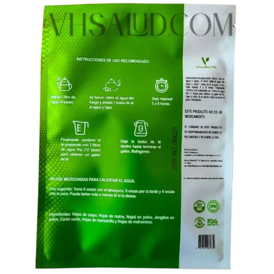 Instrucciones de preparación y consumo de V-TE Detox de VitalHealth, con ingredientes como malva, manzanilla y jengibre
