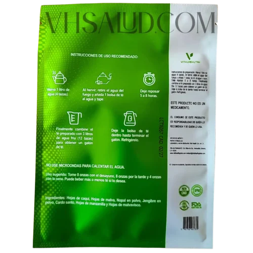 Instrucciones de preparación y consumo de V-TE Detox de VitalHealth, con ingredientes como malva, manzanilla y jengibre