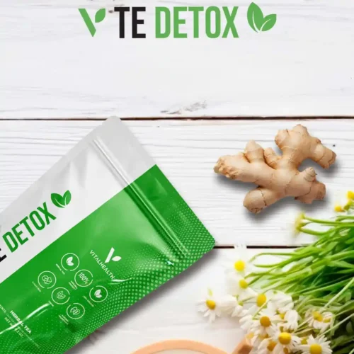 Miniatura del video de V-TE Detox de VitalHealth con empaque, jengibre y flores naturales como manzanilla