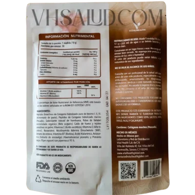 Instrucciones de uso y tabla nutrimental de Vitalage Collagen de VitalHealth, suplemento de colágeno hidrolizado con vitaminas y antioxidantes
