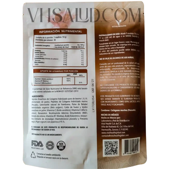 Instrucciones de uso y tabla nutrimental de Vitalage Collagen de VitalHealth, suplemento de colágeno hidrolizado con vitaminas y antioxidantes