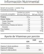 Tabla nutrimental de Vitalage Collagen de Vital Health con contenido de proteínas, calorías y vitaminas como biotina y vitamina C