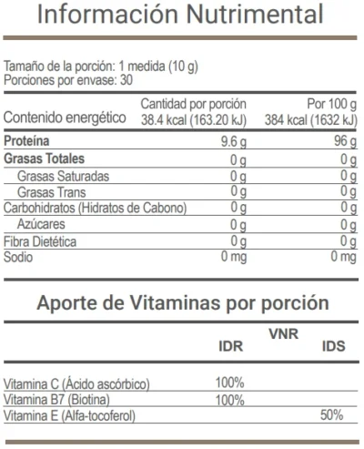 Tabla nutrimental de Vitalage Collagen de Vital Health con contenido de proteínas, calorías y vitaminas como biotina y vitamina C