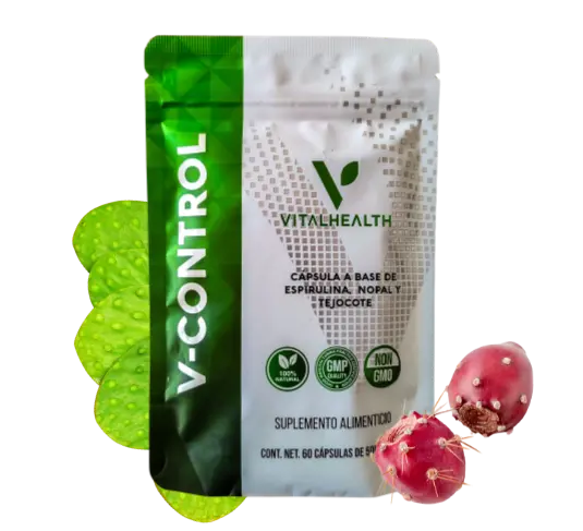 V-Control de VitalHealth, cápsulas naturales con nopal, espirulina y tejocote