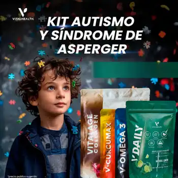 Kit Control Autismo y Síndrome de Asperger de VitalHealth con Vitalage Collagen, V-Curcumax, V-Omega 3 y V-Daily