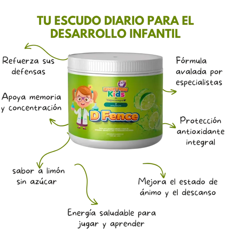 Imagen del suplemento infantil D-Fence Kids de VitalHealth con beneficios destacados como refuerzo inmune, apoyo cognitivo y energía saludable.