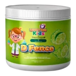 Suplemento infantil D-Fence Kids de VitalHealth sabor lima, con zinc, magnesio, vitaminas y tetrahidrocurcumina para fortalecer defensas.