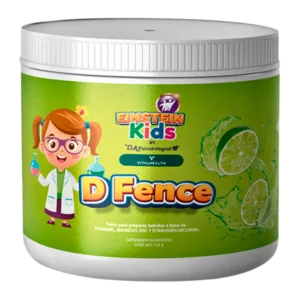 Suplemento infantil D-Fence Kids de VitalHealth sabor lima, con zinc, magnesio, vitaminas y tetrahidrocurcumina para fortalecer defensas.