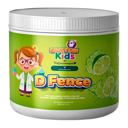 Suplemento infantil D-Fence Kids de VitalHealth sabor lima, con zinc, magnesio, vitaminas y tetrahidrocurcumina para fortalecer defensas.