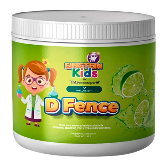 Suplemento infantil D-Fence Kids de VitalHealth sabor lima, con zinc, magnesio, vitaminas y tetrahidrocurcumina para fortalecer defensas.