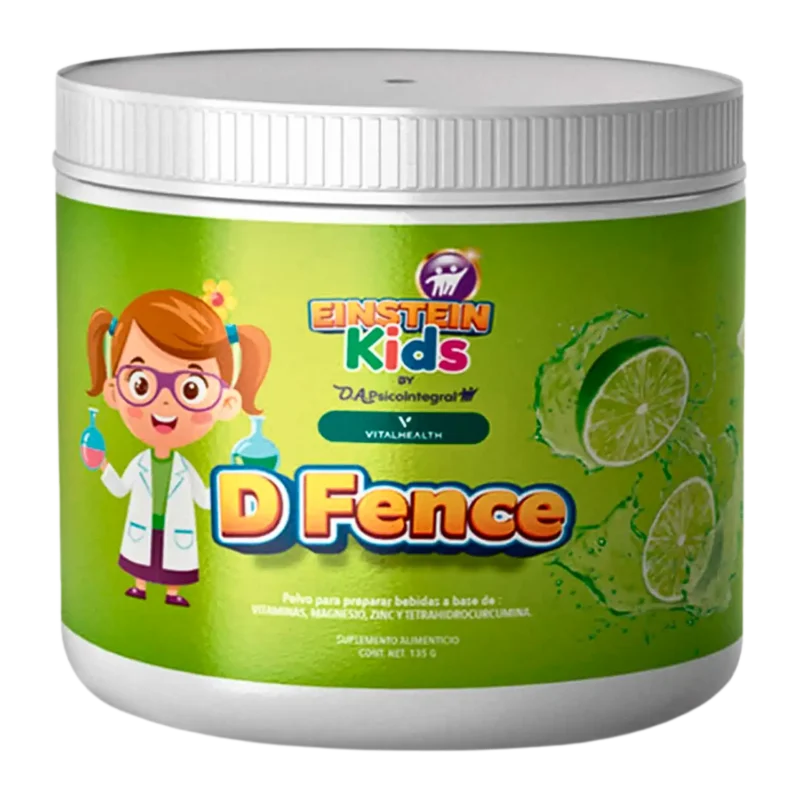 Suplemento infantil D-Fence Kids de VitalHealth sabor lima, con zinc, magnesio, vitaminas y tetrahidrocurcumina para fortalecer defensas.