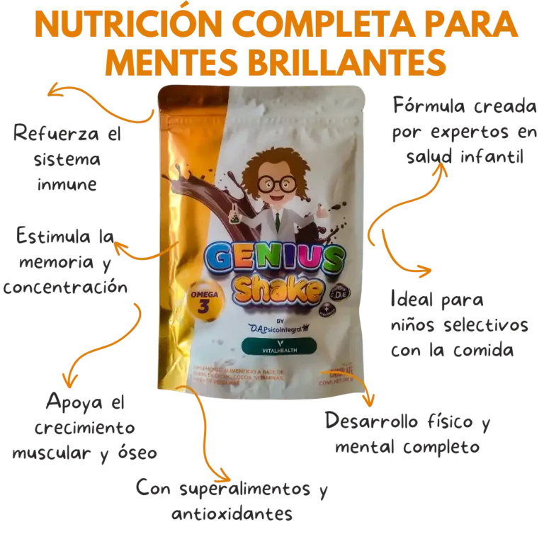 Beneficios del suplemento infantil Genius Shake de VitalHealth, con ilustraciones sobre memoria, sistema inmune, desarrollo mental y nutrición completa.