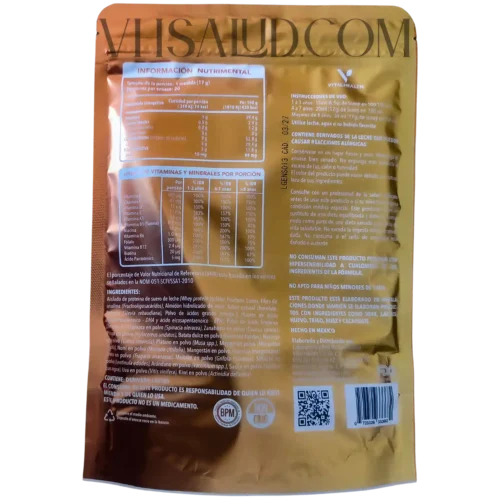 Instrucciones de uso, ingredientes y tabla nutrimental del suplemento Genius Shake de VitalHealth.