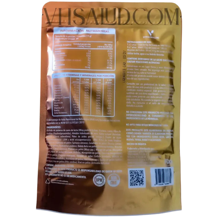 Instrucciones de uso, ingredientes y tabla nutrimental del suplemento Genius Shake de VitalHealth.