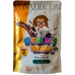 Suplemento Genius Shake de VitalHealth sabor chocolate, con Omega 3, vitaminas C, D y E, y prebióticos para apoyar el desarrollo infantil.