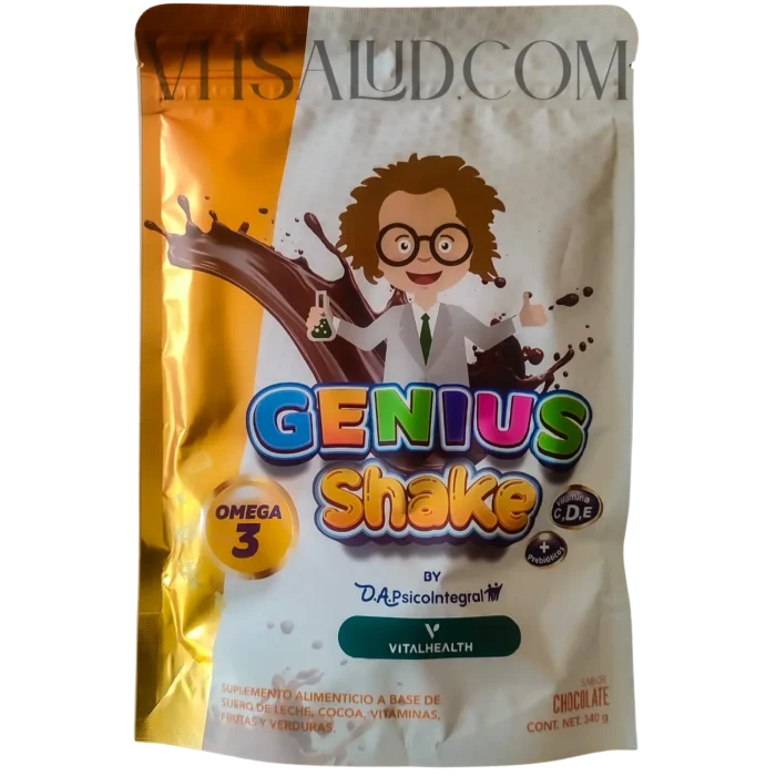 Suplemento Genius Shake de VitalHealth sabor chocolate, con Omega 3, vitaminas C, D y E, y prebióticos para apoyar el desarrollo infantil.