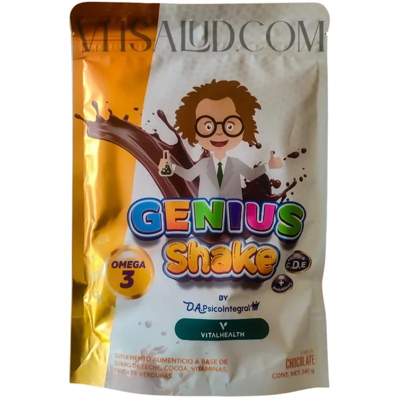 Suplemento Genius Shake de VitalHealth sabor chocolate, con Omega 3, vitaminas C, D y E, y prebióticos para apoyar el desarrollo infantil.