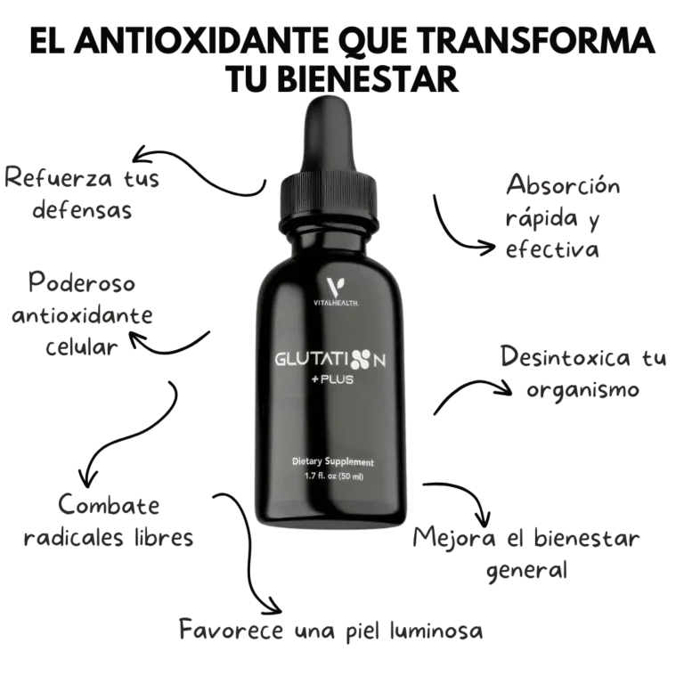 Frasco de Glutation Plus Vital Health con beneficios destacados: antioxidante, desintoxicante y revitalizante.