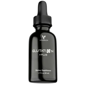Frasco de suplemento Glutation Plus de Vital Health con gotero dosificador.