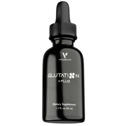 Frasco de suplemento Glutation Plus de Vital Health con gotero dosificador.