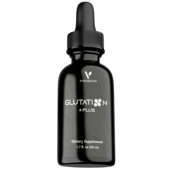 Frasco de suplemento Glutation Plus de Vital Health con gotero dosificador.