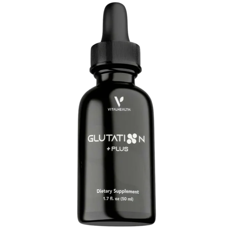 Frasco de suplemento Glutation Plus de Vital Health con gotero dosificador.