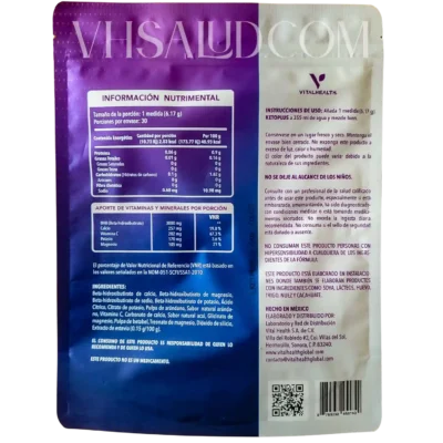 Tabla nutrimental y modo de uso del suplemento KetoPlus BHB sabor açaí de VitalHealth.