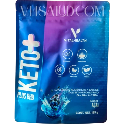 Empaque de KetoPlus BHB VitalHealth sabor açaí, suplemento alimenticio con sales beta-hidroxibutirato sin azúcar, sin rellenos y apto para dieta keto.