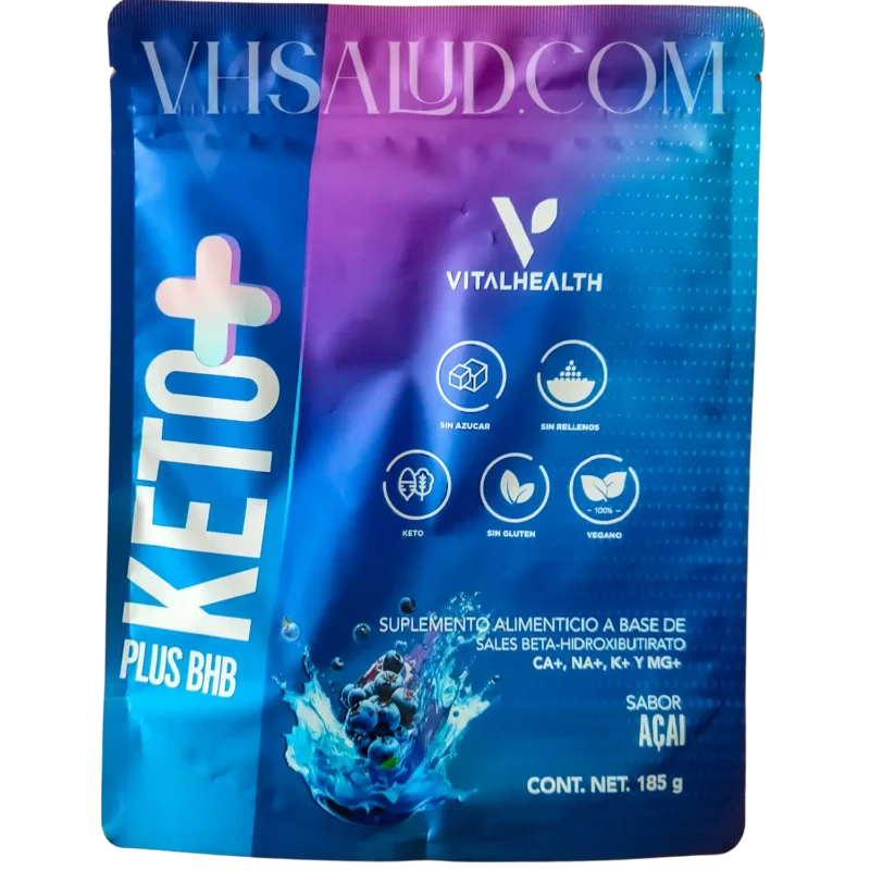 Empaque de KetoPlus BHB VitalHealth sabor açaí, suplemento alimenticio con sales beta-hidroxibutirato sin azúcar, sin rellenos y apto para dieta keto.