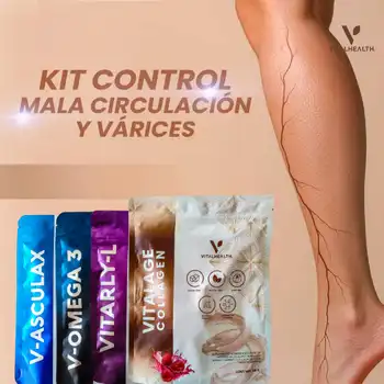 Kit natural para mala circulación y várices de VitalHealth con suplementos V-Asculax, V-Omega 3, Vitarly-L y Vitalage Collagen, junto a imagen de piernas con venas visibles. Ayuda a reducir inflamación, mejorar el flujo sanguíneo y aliviar molestias venosas.