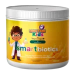 Suplemento SmartBiotics Kids de VitalHealth con fondo amarillo, etiqueta infantil y presentación en polvo sabor mango.