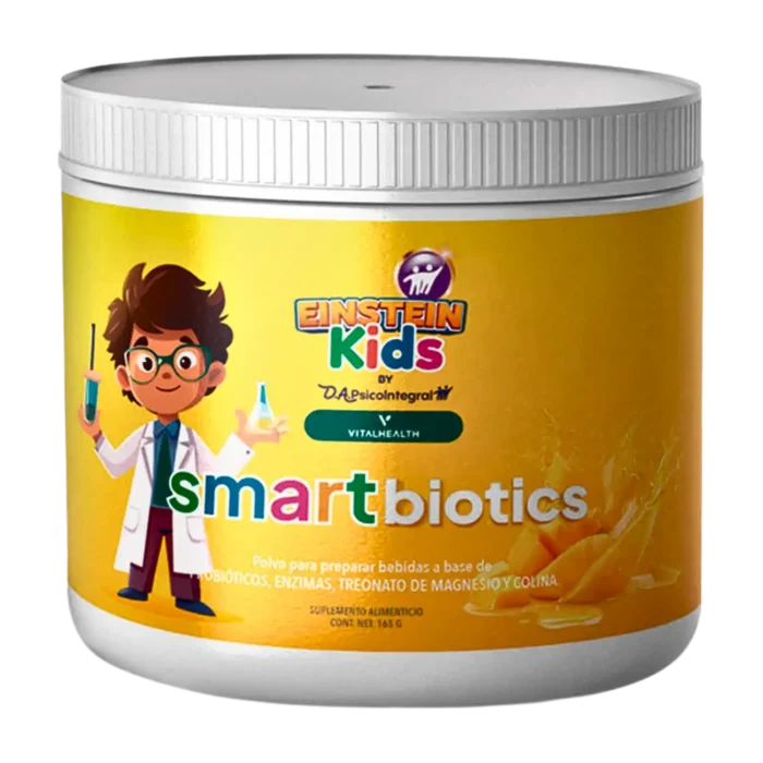 Suplemento SmartBiotics Kids de VitalHealth con fondo amarillo, etiqueta infantil y presentación en polvo sabor mango.