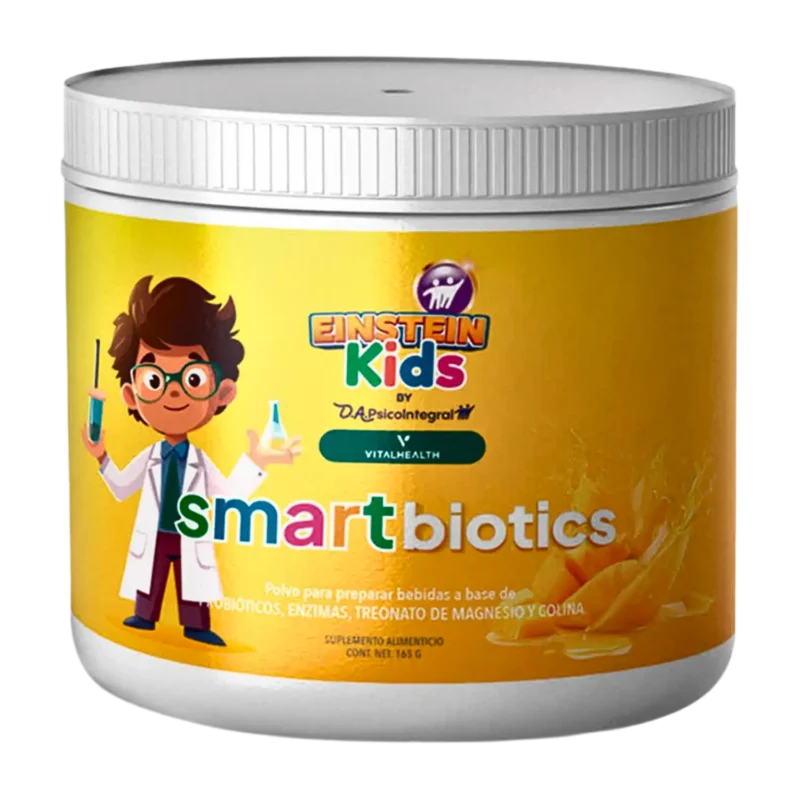 Suplemento SmartBiotics Kids de VitalHealth con fondo amarillo, etiqueta infantil y presentación en polvo sabor mango.