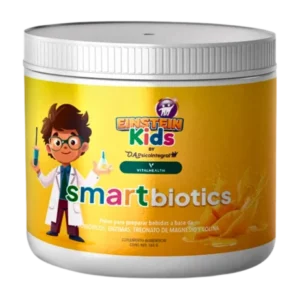 Suplemento SmartBiotics Kids de VitalHealth con fondo amarillo, etiqueta infantil y presentación en polvo sabor mango.