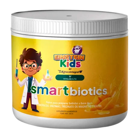 Suplemento SmartBiotics Kids de VitalHealth con fondo amarillo, etiqueta infantil y presentación en polvo sabor mango.
