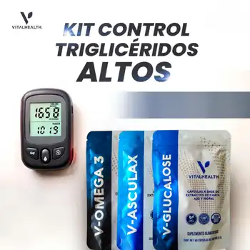 Kit para control de triglicéridos altos de VitalHealth, con monitor de niveles y suplementos V-Omega 3, V-Asculax y V-Glucalose. Imagen orientada a personas que desean reducir grasa en sangre, mejorar la circulación y prevenir enfermedades cardiovasculares de manera natural.