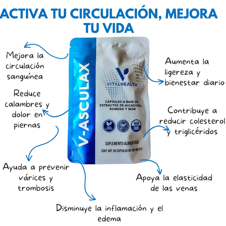 Beneficios del suplemento V-Asculax de Vital Health, cápsulas naturales que mejoran la circulación sanguínea, alivian calambres, apoyan las venas y reducen colesterol.