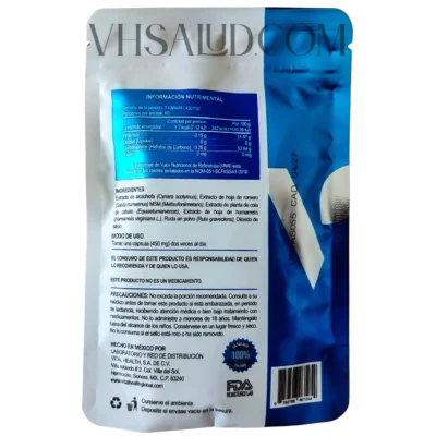 Etiqueta trasera del suplemento V-Asculax con tabla nutrimental, ingredientes naturales y modo de uso.