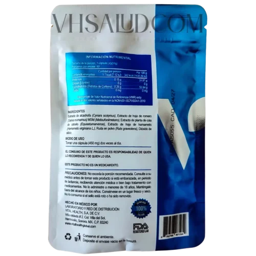 Etiqueta trasera del suplemento V-Asculax con tabla nutrimental, ingredientes naturales y modo de uso.