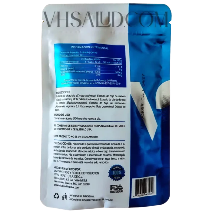 Etiqueta trasera del suplemento V-Asculax con tabla nutrimental, ingredientes naturales y modo de uso.