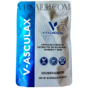 Suplemento V-Asculax de VitalHealth con extracto de alcachofa, romero y MSM para circulación y desintoxicación hepática.