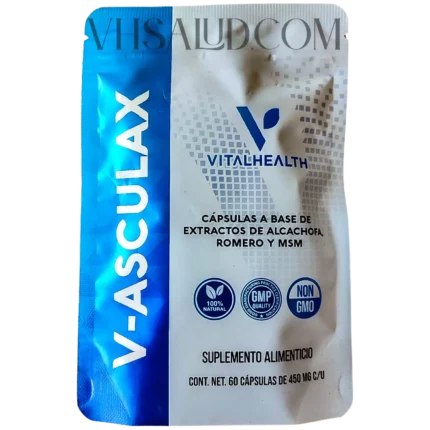 Suplemento V-Asculax de VitalHealth con extracto de alcachofa, romero y MSM para circulación y desintoxicación hepática.