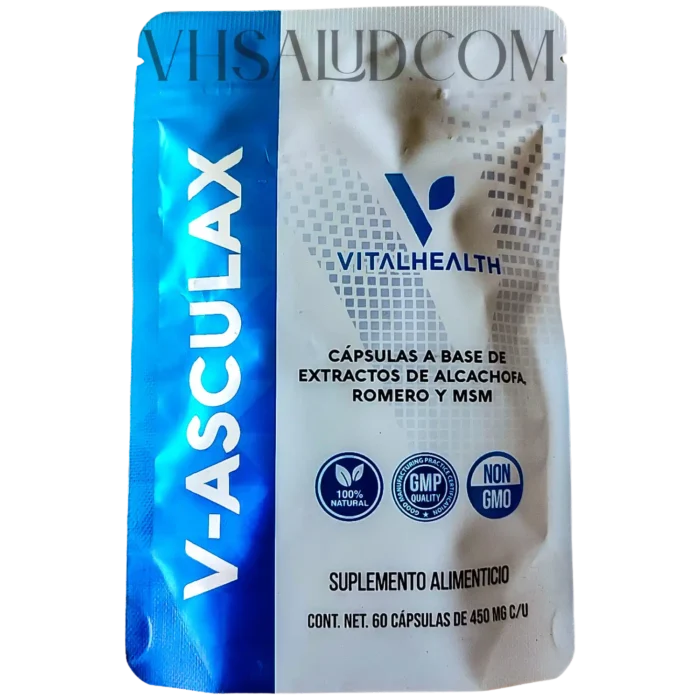 Suplemento V-Asculax de VitalHealth con extracto de alcachofa, romero y MSM para circulación y desintoxicación hepática.