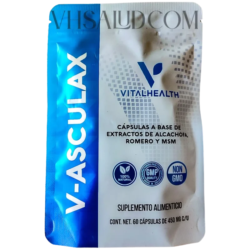 Suplemento V-Asculax de VitalHealth con extracto de alcachofa, romero y MSM para circulación y desintoxicación hepática.