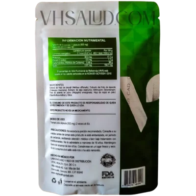 Reverso del paquete V-Control VitalHealth con tabla nutrimental e instrucciones de uso.