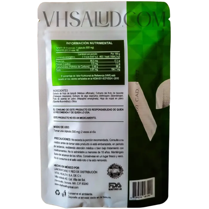 Reverso del paquete V-Control VitalHealth con tabla nutrimental e instrucciones de uso.