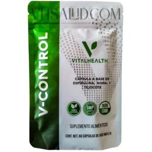 Paquete de V-Control VitalHealth con espirulina, nopal y tejocote para control de apetito y metabolismo.