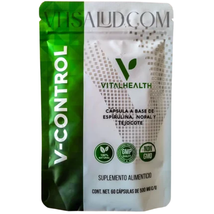 Paquete de V-Control VitalHealth con espirulina, nopal y tejocote para control de apetito y metabolismo.