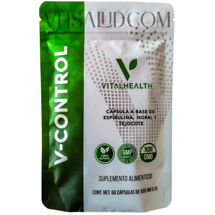 Paquete de V-Control VitalHealth con espirulina, nopal y tejocote para control de apetito y metabolismo.