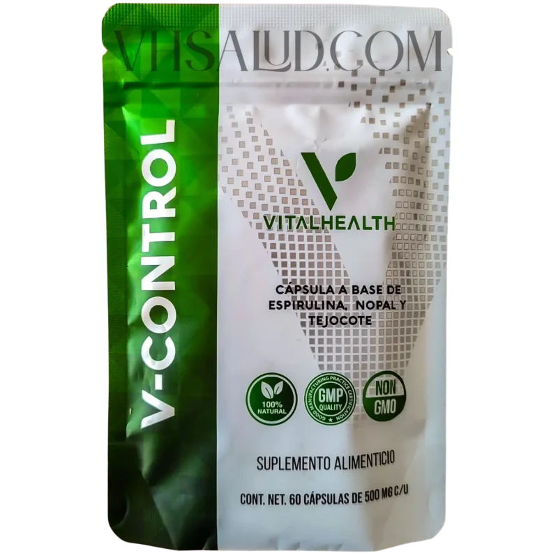 Paquete de V-Control VitalHealth con espirulina, nopal y tejocote para control de apetito y metabolismo.